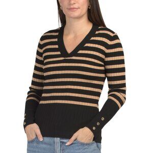 NINE WEST Black Multi Long Sleeve V-neck Rivet Cuffed Sweater